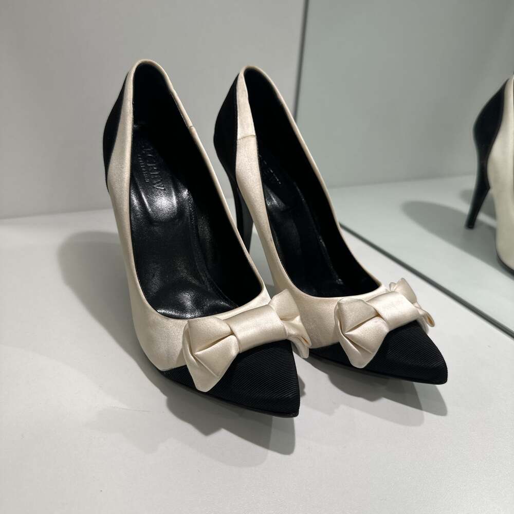 J.Crew Black Cream Two-Tone Stiletto Heel Bow Pointed Toe Pumps 8.5